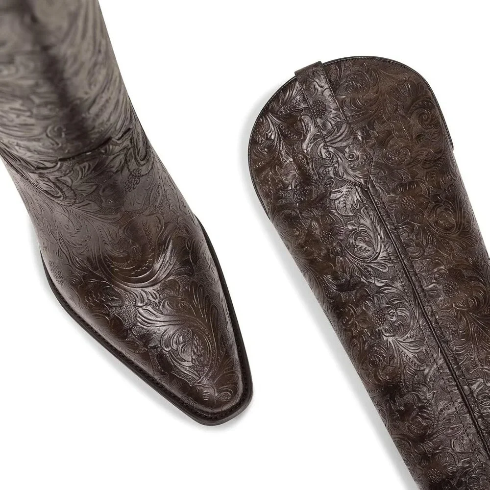 Women Brown Boots Embossed Knee High Western Boots Pointed Toe Comfortable - Picture 4 of 6